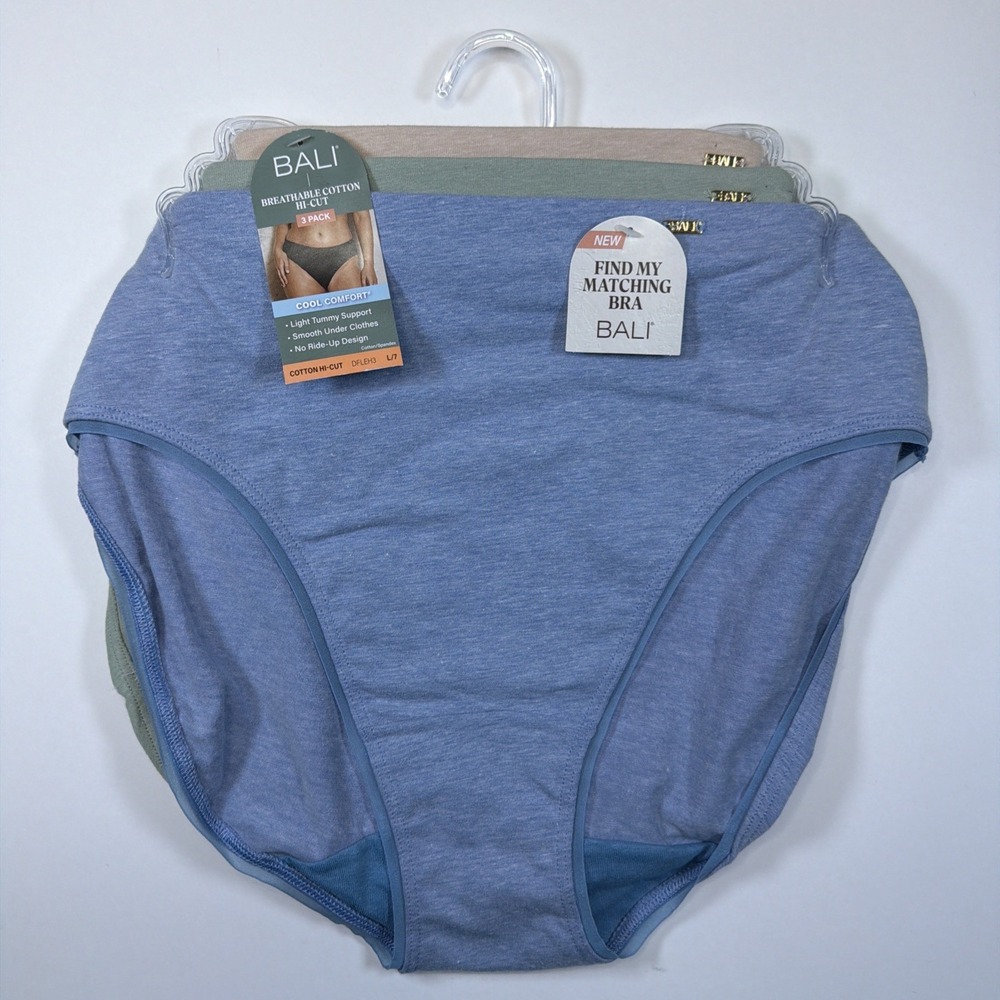 Bali Breathable Cotton Hi-Cut Panty Wicking Blue Green Tan 3 Pack DFLEH3 L/7
